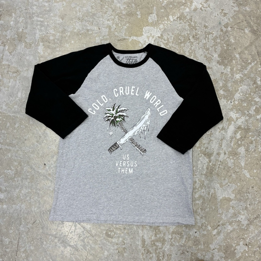 Us Versus Them Cold Cruel World Raglan Shirt Mens Large Gray Black Baseball Tee - Picture 9 of 10
